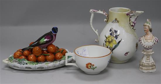 A Meissen cup, a jug, a bust, and a bird dish